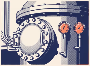 Illustration: a bolted steel pressure vessel with two analogue gauges.