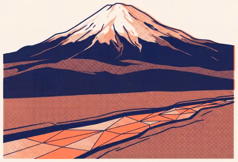 Illustration: a snow-capped volcanic cone above a braided meltwater channel.