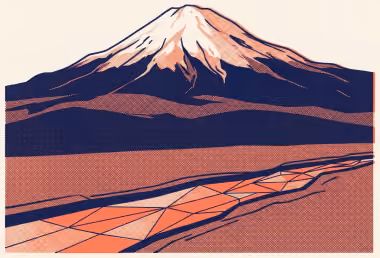 Illustration: a snow-capped volcanic cone above a braided meltwater channel.