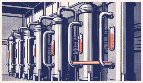 Illustration: a row of tall activated-carbon filtration columns linked by pipework.